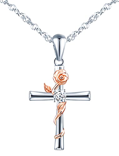 INFINIONLY Kreuz Halskette für Damen und Mädchen, 925 Silber Halskette, Silberne Kreuz Anhänger passt zum rose gold Blumen, Eingelegt Zirkon, Farbgalvanischer Prozess, Stilvoll und Elegant von INFINIONLY