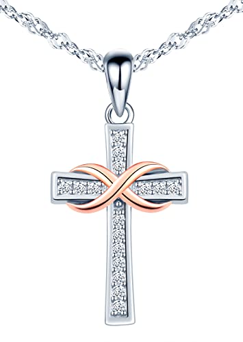 INFINIONLY Kreuz Halskette für Damen und Mädchen, 925 Sterling silber Halskette, Das silberne Kreuz Anhänger passt zum mini rose gold unendlichkeitssymbol, Eingelegt Zirkon, Farbgalvanischer Prozess von INFINIONLY