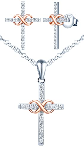 INFINIONLY Kreuz Halskette und Ohrringe für Damen Mädchen, 925 silber Schmuck-sets, Silber Kreuz passt zum mini rose gold unendlichkeitssymbol, Eingelegt Zirkon, Farbgalvanischer Prozess von INFINIONLY