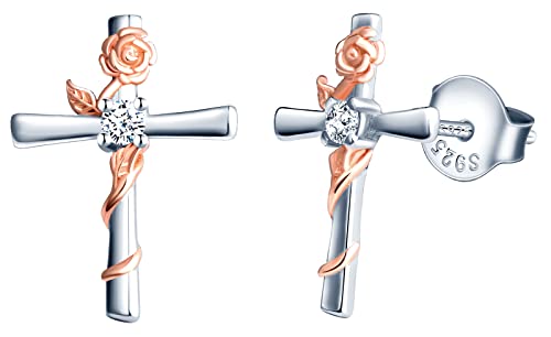 INFINIONLY Kreuz Ohrringe für Damen und Mädchen, 925 Silber Ohrringe, Silberne Kreuz Ohrstecker passt zum rose gold Blumen, Eingelegt Zirkon, Farbgalvanischer Prozess, Stilvoll und Elegant von INFINIONLY