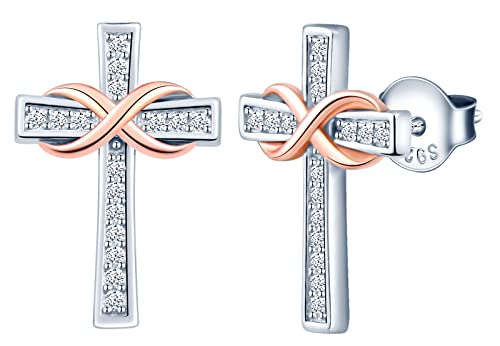 INFINIONLY Kreuz Ohrringe für Damen und Mädchen, 925 Sterling silber ohrringe, Das silberne Kreuz Ohrstecker passt zum mini rose gold unendlichkeitssymbol, Eingelegt Zirkon, Farbgalvanischer Prozess von INFINIONLY