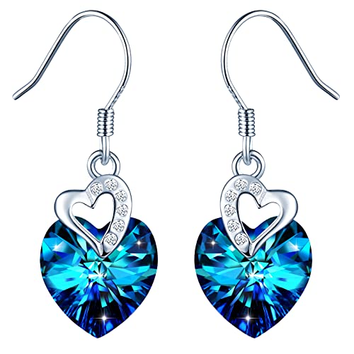 INFINIONLY Damen Blaue Herz Kristall Ohrringe Ohrhänger Elegante Herz mit Zirkonia Mädchen Ohrstecker Fashion 925 Silber Herz Ohrringe Ohrschmuck Kristall Schmuck von INFINIONLY