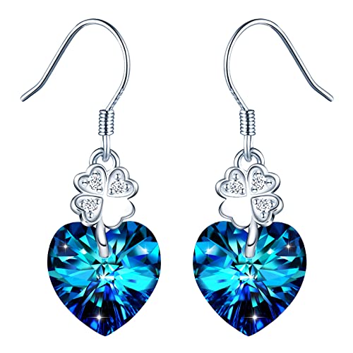 INFINIONLY Damen Blaue Herz Kristall Ohrringe Ohrhänger Elegante Vierblättriges Kleeblatt mit Zirkonia Mädchen Ohrstecker Fashion 925 Silber Herz Ohrringe Ohrschmuck Kleeblatt Kristall Schmuck von INFINIONLY