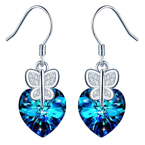 INFINIONLY Damen Blaue Herz Kristall Ohrringe Ohrhänger Elegante Schmetterling mit Zirkonia Mädchen Ohrstecker Fashion 925 Silber Herz Ohrringe Ohrschmuck Kristall Schmuck von INFINIONLY