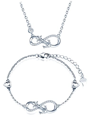 INFINIONLY Schmuck-Sets, Damen Mädchen Halskette Anhänger Armband, 925 silber Halskette Armband, Anker-Unendlichkeits symbol Schmuck-Sets, eingelegter Zirkon, einstellbare Kettenlänge, Silber von INFINIONLY