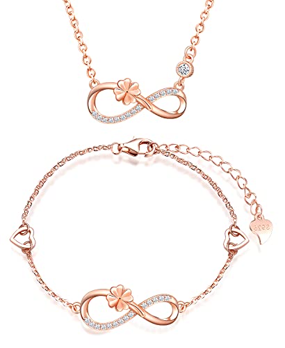 INFINIONLY Schmuck-Sets, Damen Mädchen Halskette Anhänger Armband, 925 silber Halskette Armband, Glücks klee-Unendlichkeits symbol Schmuck-Sets, eingelegter Zirkon, rosegold von INFINIONLY