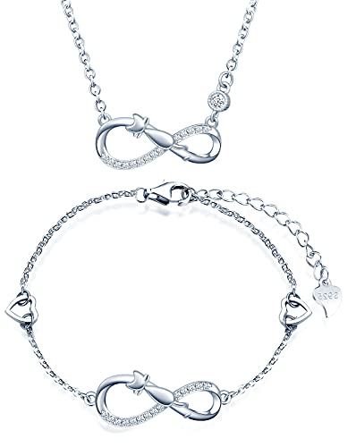 INFINIONLY Schmuck-Sets, Damen Mädchen Halskette Anhänger Armband, 925 silber Halskette Armband, Süße Katze-Unendlichkeits symbol Schmuck-Sets, eingelegter Zirkon, einstellbare Kettenlänge, Silber von INFINIONLY