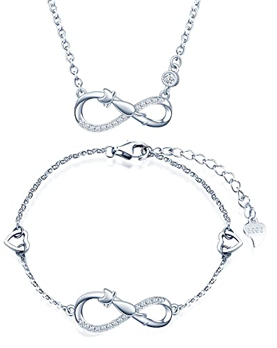 INFINIONLY Schmuck-Sets, Damen Mädchen Halskette Anhänger Armband, 925 silber Halskette Armband, Süße Katze-Unendlichkeits symbol Schmuck-Sets, eingelegter Zirkon, einstellbare Kettenlänge, Silber von INFINIONLY