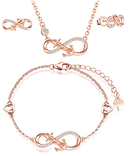 INFINIONLY Schmuck-Sets, Damen Mädchen Halskette Anhänger Armband Ohrring, 925 silber Halskette Armband Ohrring, Anker-Unendlichkeits symbol Schmuck-Sets, zirkon, einstellbare Kettenlänge, rosegold von INFINIONLY