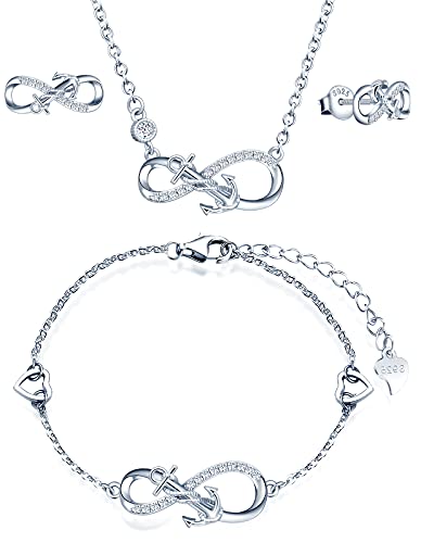 INFINIONLY Schmuck-Sets, Damen Mädchen Halskette Anhänger Armband Ohrring, 925 silber Halskette Armband Ohrring, Anker-Unendlichkeits symbol Schmuck-Sets, zirkon, einstellbare Kettenlänge, Silber von INFINIONLY