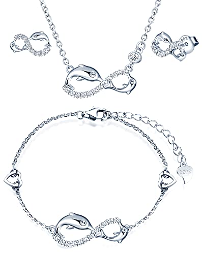 INFINIONLY Schmuck-Sets, Damen Mädchen Halskette Anhänger Armband Ohrring, 925 silber Halskette Armband Ohrring, Netter Delphin-Unendlichkeits symbol Schmuck-Sets, eingelegter zirkon, Silber von INFINIONLY