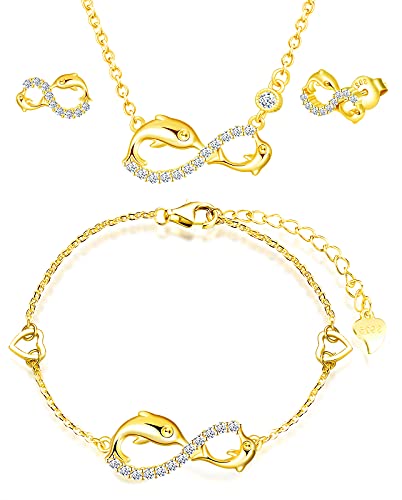 INFINIONLY Schmuck-Sets, Damen Mädchen Halskette Anhänger Armband Ohrring, 925 silber Halskette Armband Ohrring, Netter Delphin-Unendlichkeits symbol Schmuck-Sets, eingelegter zirkon, gold von INFINIONLY