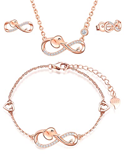 INFINIONLY Schmuck-Sets, Damen Mädchen Halskette Anhänger Armband Ohrring, 925 silber Halskette Armband Ohrring, Netter Elefant-Unendlichkeits symbol Schmuck-Sets, zirkon, rosegold von INFINIONLY