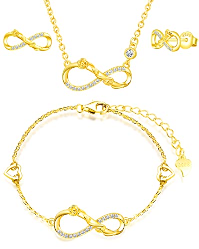 INFINIONLY Schmuck-Sets, Damen Mädchen Halskette Anhänger Armband Ohrring, 925 silber Halskette Armband Ohrring, Rose-Unendlichkeits symbol Schmuck-Sets, Zirkon, einstellbare Kettenlänge, gold von INFINIONLY