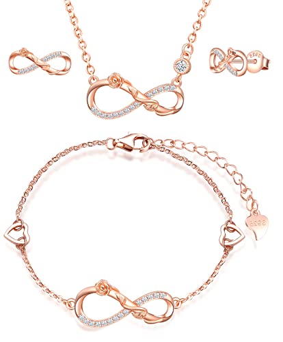 INFINIONLY Schmuck-Sets, Damen Mädchen Halskette Anhänger Armband Ohrring, 925 silber Halskette Armband Ohrring, Rose-Unendlichkeits symbol Schmuck-Sets, einstellbare Kettenlänge, rosegold von INFINIONLY