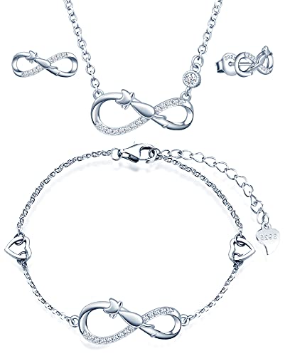 INFINIONLY Schmuck-Sets, Damen Mädchen Halskette Anhänger Armband Ohrring, 925 silber Halskette Armband Ohrring, Süße Katze-Unendlichkeits symbol Schmuck-Sets, zirkon,einstellbare Kettenlänge, Silber von INFINIONLY