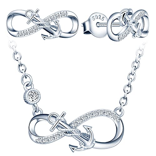INFINIONLY Schmuck-Sets, Damen Mädchen Halskette Anhänger Ohrring, 925 silber Halskette Ohrring, Anker-Unendlichkeits symbol Schmuck-Sets, eingelegter Zirkon, einstellbare Kettenlänge, Silber von INFINIONLY