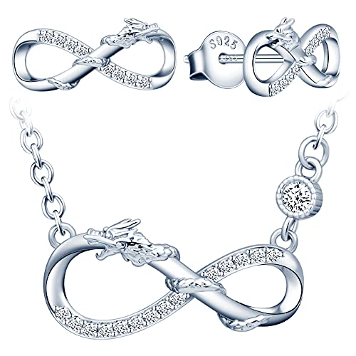 INFINIONLY Schmuck-Set, Damen Mädchen Halskette Anhänger Ohrring, 925 Silber, Drache Unendlichkeits Symbol, Zirkon, Einstellbare Kettenlänge, Silber von INFINIONLY