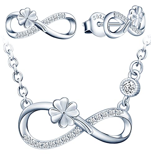 INFINIONLY Schmuck-Sets, Damen Mädchen Halskette Anhänger Ohrring, 925 silber Halskette Ohrring, Glücks klee-Unendlichkeits symbol Schmuck-Sets, eingelegter Zirkon, Silber von INFINIONLY