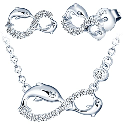 INFINIONLY Schmuck-Sets, Damen Mädchen Halskette Anhänger Ohrring, 925 silber Halskette Ohrring, Netter Delphin-Unendlichkeits symbol Schmuck-Sets, eingelegter Zirkon, Silber von INFINIONLY