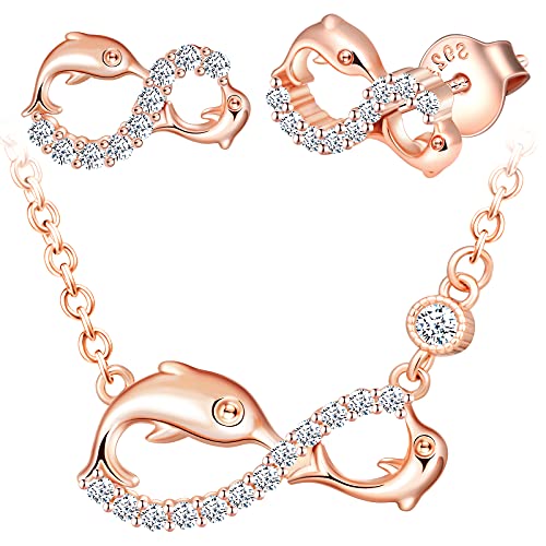INFINIONLY Schmuck-Sets, Damen Mädchen Halskette Anhänger Ohrring, 925 silber Halskette Ohrring, Netter Delphin-Unendlichkeits symbol Schmuck-Sets, eingelegter Zirkon, rosegold von INFINIONLY