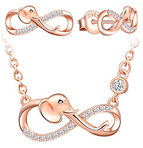 INFINIONLY Schmuck-Sets, Damen Mädchen Halskette Anhänger Ohrring, 925 silber Halskette Ohrring, Netter Elefant-Unendlichkeits symbol Schmuck-Sets, eingelegter Zirkon, rosegold von INFINIONLY