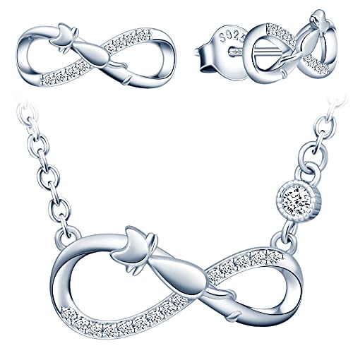 INFINIONLY Schmuck-Sets, Damen Mädchen Halskette Anhänger Ohrring, 925 silber Halskette Ohrring, Süße Katze-Unendlichkeits symbol Schmuck-Sets, eingelegter Zirkon, einstellbare Kettenlänge, Silber INFINIONLY Schmuck-Sets, Damen Mädchen Halskette Anhänger Ohrring, 925 silber Halskette Ohrring, Süße Katze-Unendlichkeits symbol Schmuck-Sets, eingelegter Zirkon, einstellbare Kettenlänge, Silber von INFINIONLY