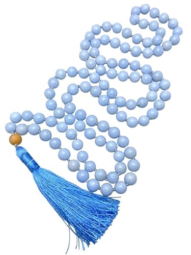 INFINITY GEMS Natürliche AAA Angelit Mala Perlen Halskette 108 Mala Gebet 8mm geknotete Halskette Energieschutz Balance Halskette Heilung Meditation Quaste Japa Mala von INFINITY GEMS