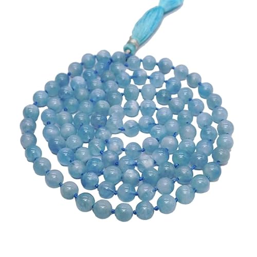 INFINITY GEMS Natürliche AAA Aquamarin 108 Mala Halskette | 108 Gebets-Mala-Halskette mit 10 mm Perlen | Handgeknüpfte Mala | Japa Mala | Runde Perlen | Meditationsquaste von INFINITY GEMS