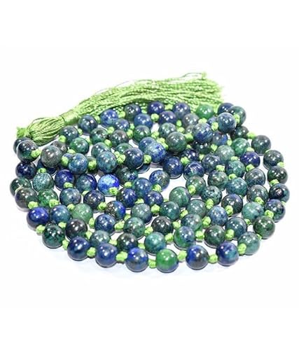 INFINITY GEMS Natürliche AAA Chrysokoll 108 Mala Halskette | 108 Gebetsperlen Mala Halskette | Handgeknüpftes Mala Armband | Japa Mala | 6mm runde Perlen | Meditationsquaste von INFINITY GEMS