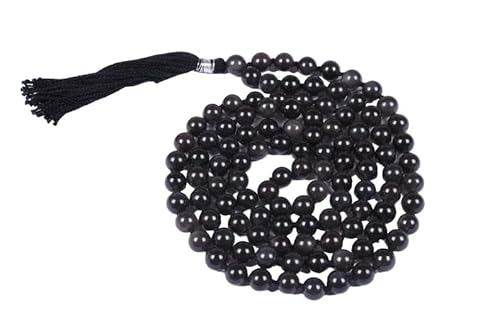 INFINITY GEMS Natürliche AAA Natürliche AAA schwarze Obsidian 108 Mala Halskette | 108 Gebetsperlen Mala | Handgeknüpftes Mala-Armband | Japa Mala | 6mm runde Perlen | Meditationsquaste von INFINITY GEMS