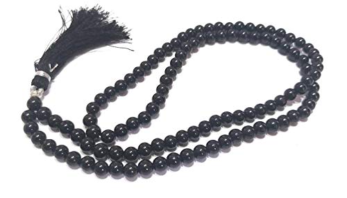 INFINITY GEMS Natürliche AAA Schwarzer Turmalin 108 Mala Halskette|108 Gebetsperlen Mala Halskette| Handgeknüpfte Mala Japa Mala| 8mm runde Perlen| Meditationsquaste von INFINITY GEMS
