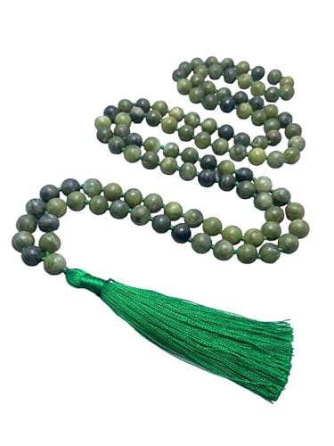 INFINITY GEMS Natürliche AAA grüne Jade Mala Perlen Halskette 108 Mala Gebet 8mm geknotete Halskette Energie Schutz Gleichgewicht Heilung Meditation Quaste Japa Mala von INFINITY GEMS