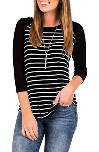 INFITTY Damen 3/4 Ärmel Raglan Gestreiftes T-Shirt Baseball Tunika Tops Bluse, 0-schwarz, Groß von INFITTY