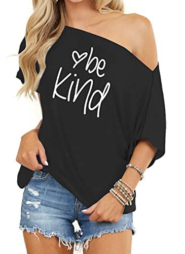 INFITTY Damen Schulterfrei Tops Kurzarm Casual Lose Fledermaus Shirts Oversized Bluse Tunika, D Schwarz, Mittel von INFITTY