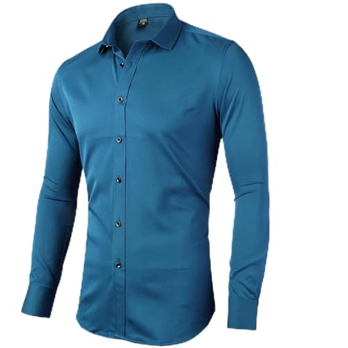 Herren Hemd Langarm Bügelleicht für Freizeit Business Hochzeit Businesshemd Freizeithemd Men’s Shirt Bambusfaser Einfarbig Slim Fit EU 41 Grünblau von INFLATION