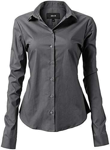 INFLATION Damen Hemd mit Knöpfen Bluse Langarmshirt Figurbetonte Hemdbluse Business Oberteil Arbeithemden Grau 41/12 von INFLATION