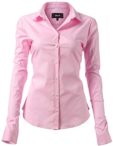 INFLATION Damen Hemd mit Knöpfen Bluse Langarmshirt Figurbetonte Hemdbluse Business Oberteil Arbeithemden Rosa 42/14 von INFLATION