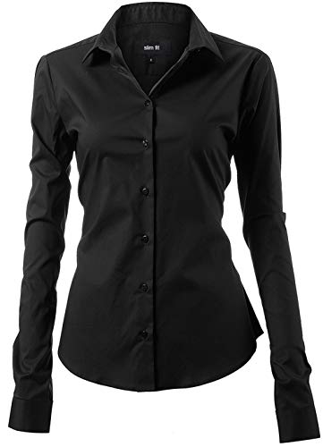 INFLATION Damen Hemd mit Knöpfen Baumwolle Bluse Langarmshirt Figurbetonte Hemdbluse Business Oberteil Arbeithemden- Gr. 34/8, Schwarz von INFLATION