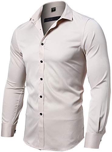 INFLATION Herren Hemd Aus Bambusfaser umweltfreudlich Elastisch Slim Fit für Freizeit Business Hochzeit Reine Farbe Hemd Langarm Herren-Hemd, Gr.L (Etikette 42), Beige von INFLATION