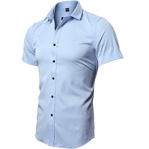 INFLATION Herren Hemd aus Bambusfaser umweltfreudlich Elastisch Slim Fit für Freizeit Business Hochzeit Reine Farbe Hemd Kurzarm Herren-Hemd Hellblau DE XL (Etikette 43) von INFLATION