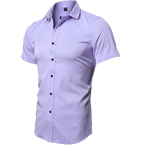 INFLATION Herren Hemd aus Bambusfaser umweltfreudlich Elastisch Slim Fit für Freizeit Business Hochzeit Reine Farbe Hemd Kurzarm Herren-Hemd Hellviolett DE 2XL (Etikette 44) von INFLATION