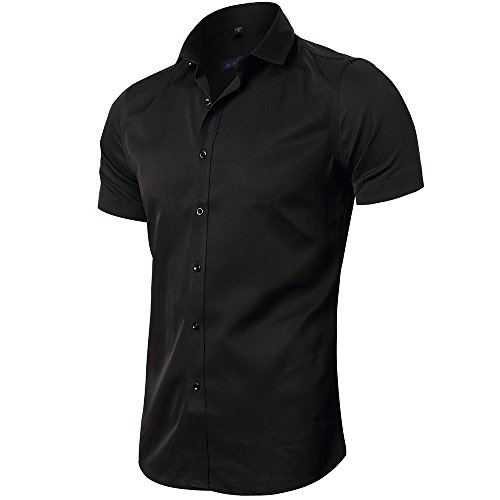 INFLATION Herren Hemd aus Bambusfaser umweltfreudlich Elastisch Slim Fit für Freizeit Business Hochzeit Reine Farbe Hemd Kurzarm Herren-Hemd Schwarz DE XL (Etikette 43) von INFLATION