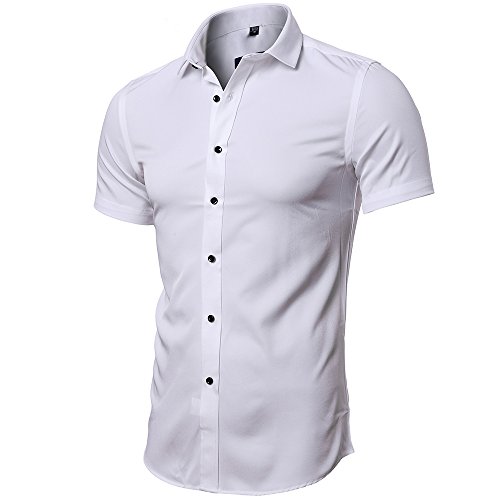 INFLATION Herren Hemd aus Bambusfaser umweltfreudlich Elastisch Slim Fit für Freizeit Business Hochzeit Reine Farbe Hemd Kurzarm Herren-Hemd Weiß DE 2XL (Etikette 44) von INFLATION