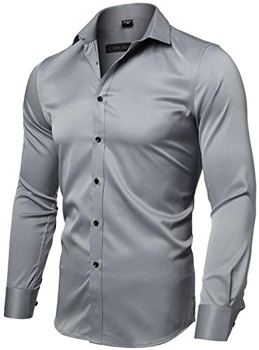 INFLATION Herren Hemd Aus Bambusfaser umweltfreudlich Elastisch Slim Fit für Freizeit Business Hochzeit Reine Farbe Hemd Langarm Herren-Hemd, Gr.M (Etikette 41), Grau von INFLATION