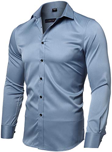 INFLATION Herren Hemd Aus Bambusfaser umweltfreudlich Elastisch Slim Fit für Freizeit Business Hochzeit Reine Farbe Hemd Langarm Herren-Hemd, Gr.S (Etikette 40), Graublau von INFLATION