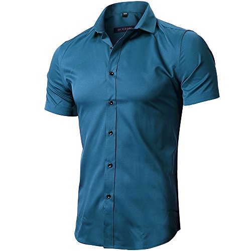 INFLATION Herren Hemd aus Bambusfaser umweltfreudlich Elastisch Slim Fit für Freizeit Business Hochzeit Reine Farbe Hemd Kurzarm Herren-Hemd Blaugrün DE L (Etikette 42) von INFLATION