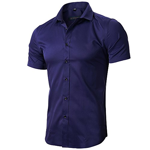 INFLATION Herren Hemd aus Bambusfaser umweltfreudlich Elastisch Slim Fit für Freizeit Business Hochzeit Reine Farbe Hemd Kurzarm Herren-Hemd Navyblau DE L (Etikette 42) von INFLATION