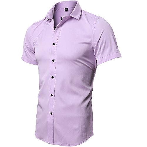 INFLATION Herren Hemd aus Bambusfaser umweltfreudlich Elastisch Slim Fit für Freizeit Business Hochzeit Reine Farbe Hemd Kurzarm Herren-Hemd Rosa DE L (Etikette 42) von INFLATION