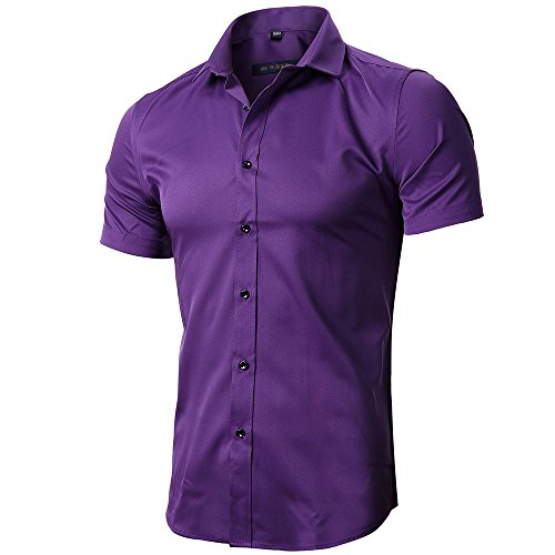 INFLATION Herren Hemd aus Bambusfaser umweltfreudlich Elastisch Slim Fit für Freizeit Business Hochzeit Reine Farbe Hemd Kurzarm Herren-Hemd Violett DE XS (Etikette 39) von INFLATION